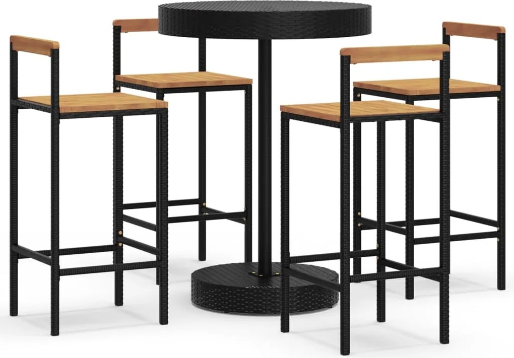 vidaXL Set bar pentru grădină, 5 piese, negru, poliratan/lemn acacia