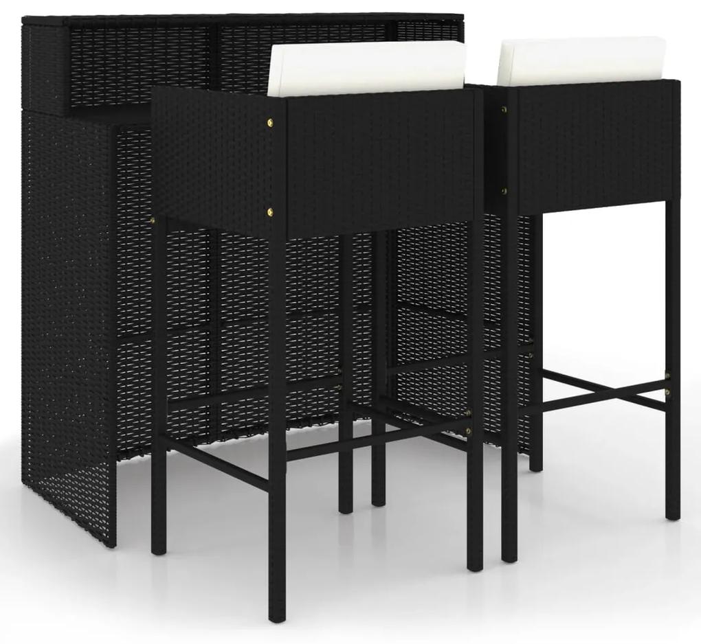 Set mobilier bar de gradina cu perne, 3 piese, negru, poliratan Negru, 1