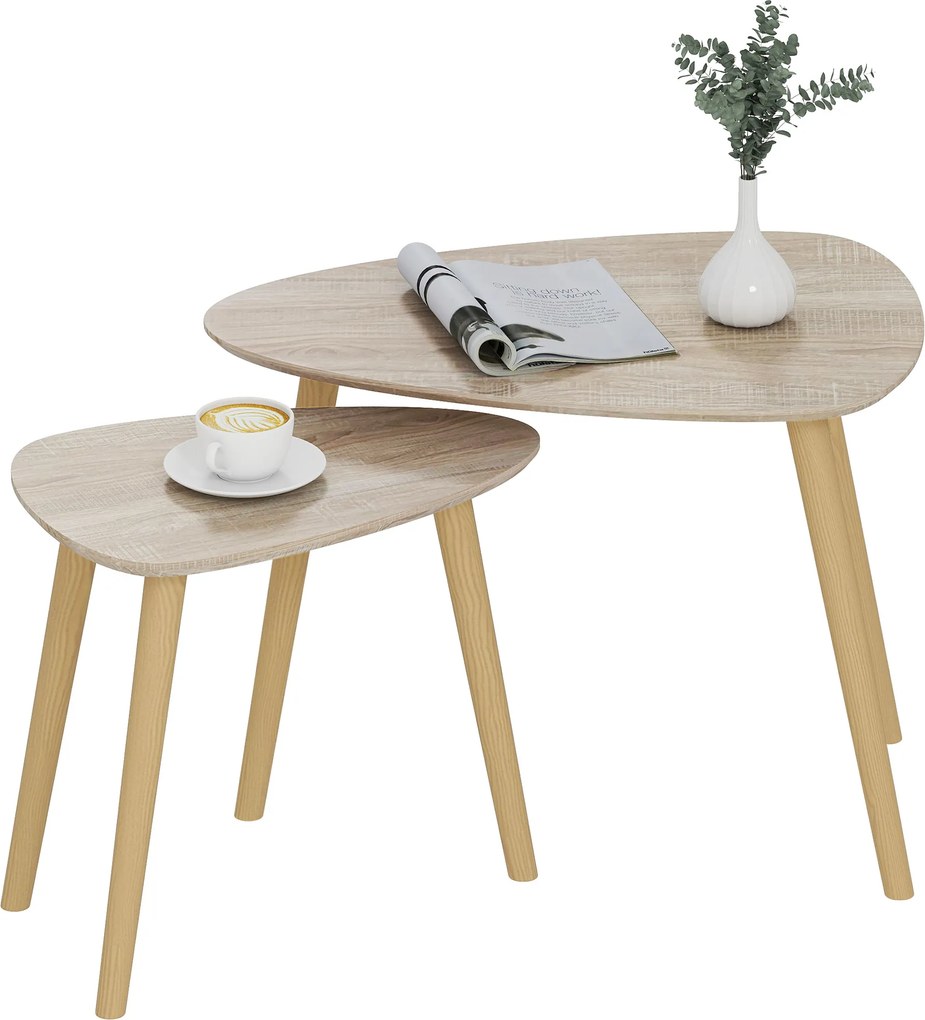 HOMCOM Set de 2 mese de cafea gigogne design scandinav, picioare din lemn și blat din lemn, aspect natural | Aosom Romania