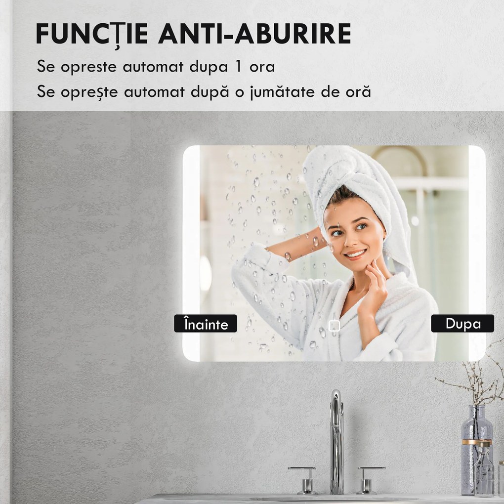 kleankin Oglindă Iluminată LED pentru Baie, Oglindă de Machiaj Reglabilă, 70x50 cm, Eleganță și Funcționalitate | Aosom Romania