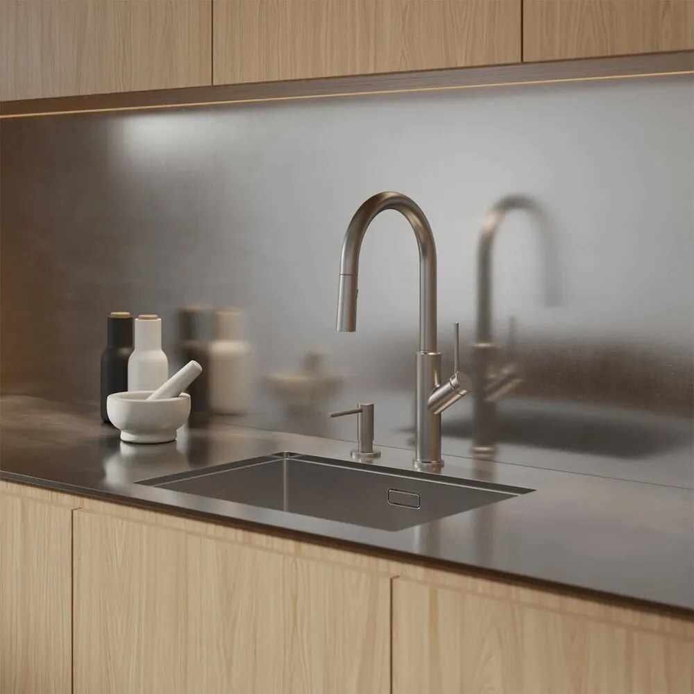 Baterie bucatarie cu dus extractibil Omnires Bend 2 functii finisaj nichel periat