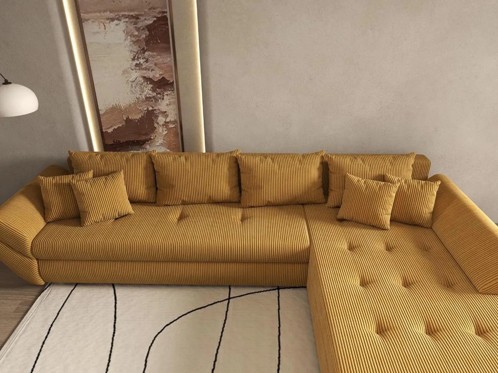 Colțar extensibil dumonde cu ladă de depozitare si sezut confortabil din spuma high-density, Loana XL Zoom Mustar II 335x185 cm