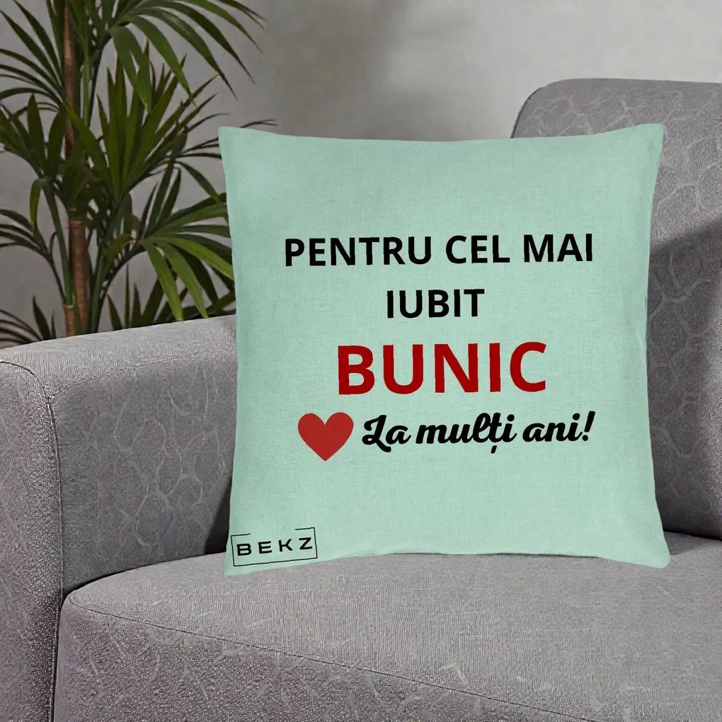 Cadou pentru Bunic - Perna Personalizata Pentru Cel Mai Iubit Bunic La Multi Ani Rosu, 40x40 cm, Verde Menta, Husa Detasabila, Perna Inclusa, BEKZ®