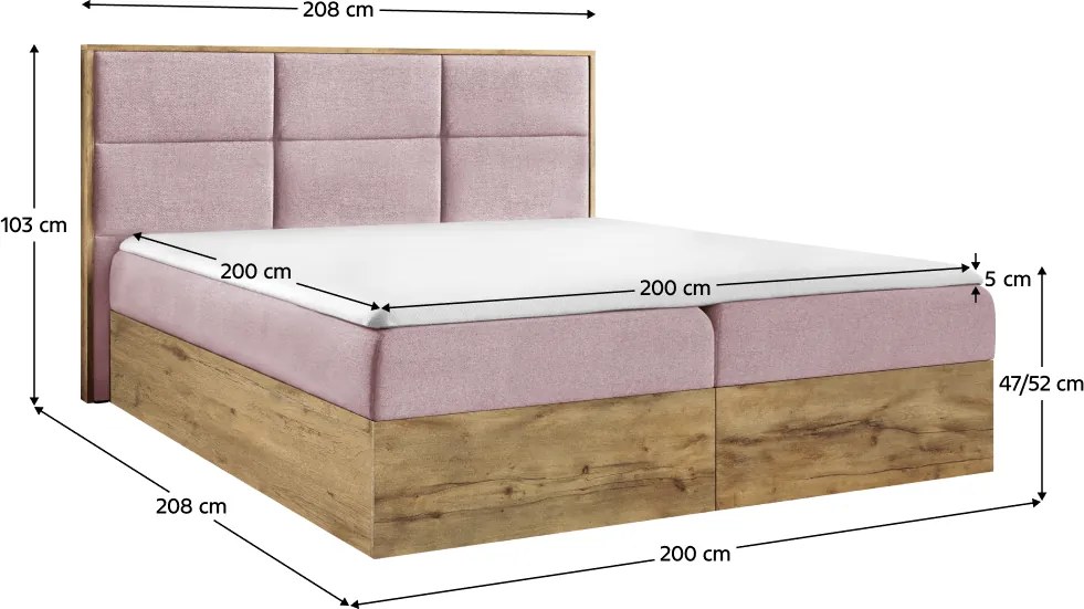 Pat Boxspring, 200x200, ţesătură roz Kronos/stejar lancelot, WOOD 2