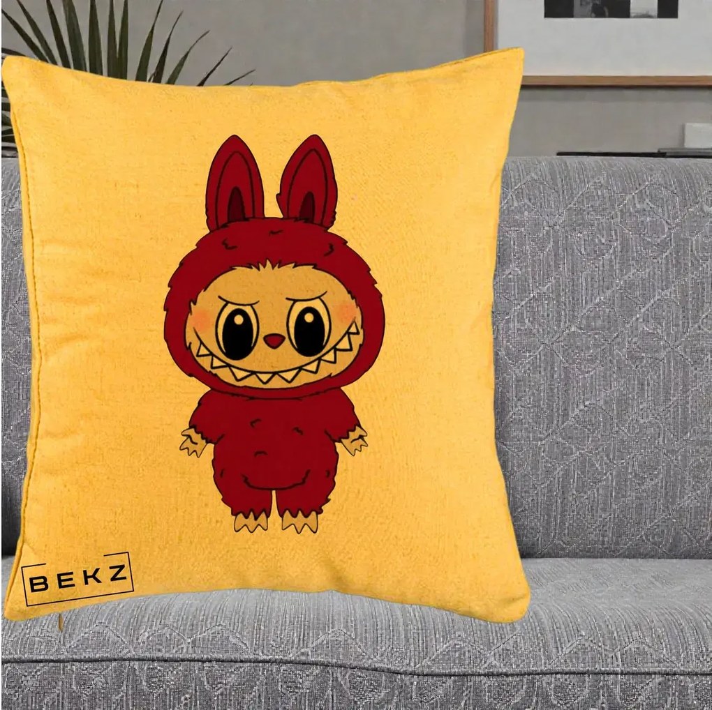 Perna Personalizata Labubu Rosu-Visiniu Solo, 40x40 cm, Galben, Husa Detasabila, Perna Inclusa, BEKZ®