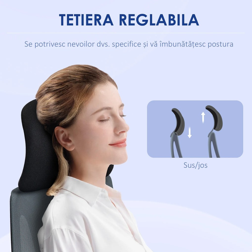 HOMCOM Scaun Ergonomic de Birou cu Suport Lombar, Tetieră și Înălțime Reglabilă, 66x58x115-123 cm, Negru | Aosom Romania