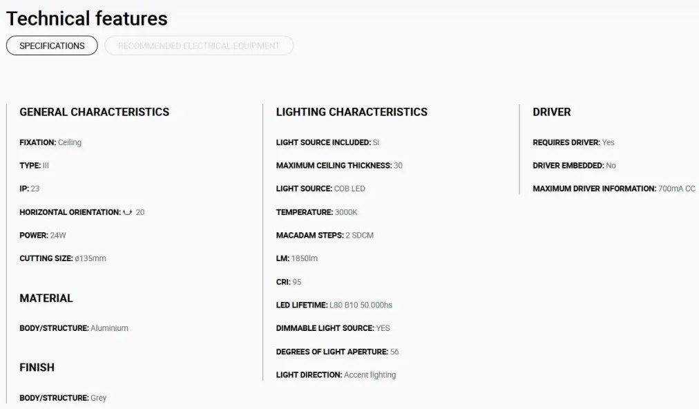 Spot LED incastrabil MINI-OPTIC Grey downlight LED CRI95 17/24W 3000K 56° 1920/2615 lm