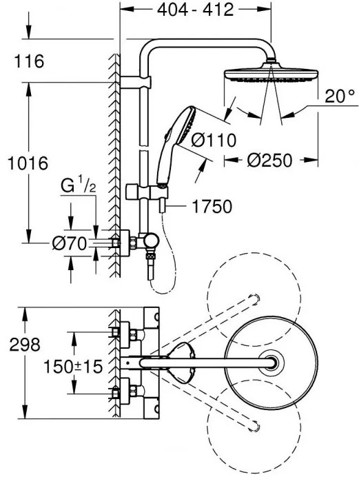 Coloana de dus cu termostat, Grohe Tempesta System 250, cu 2 tipuri de jet, negru mat, 266702431