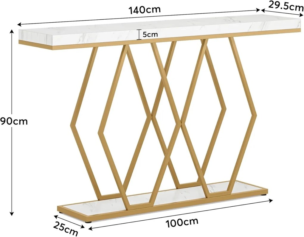 MAU25 - Masa Consola, 140 cm, masuta hol, living, dormitor - Auriu - Alb Imitatie de Marmura