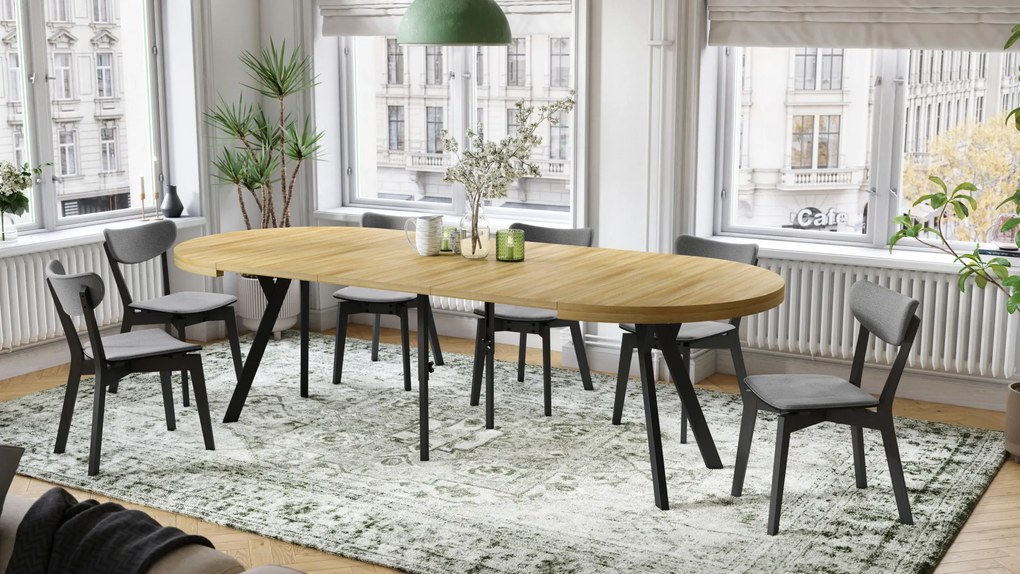 Mazzoni VITO Stejar American/picioare negre - MASĂ MARE ROTUNDĂ Ø110 EXTENSIBILĂ PÂNĂ LA 310 cm CU PICIOARE "Y" LOFT/INDUSTRIALĂ