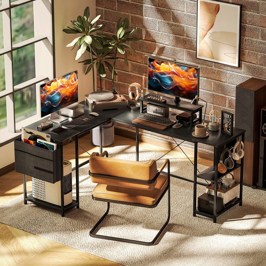 HOMCOM Birou de colț modular reversibil 168-240 cm stil industrial - raft reglabil, pungă de depozitare, suport pentru ecran | Aosom Romania