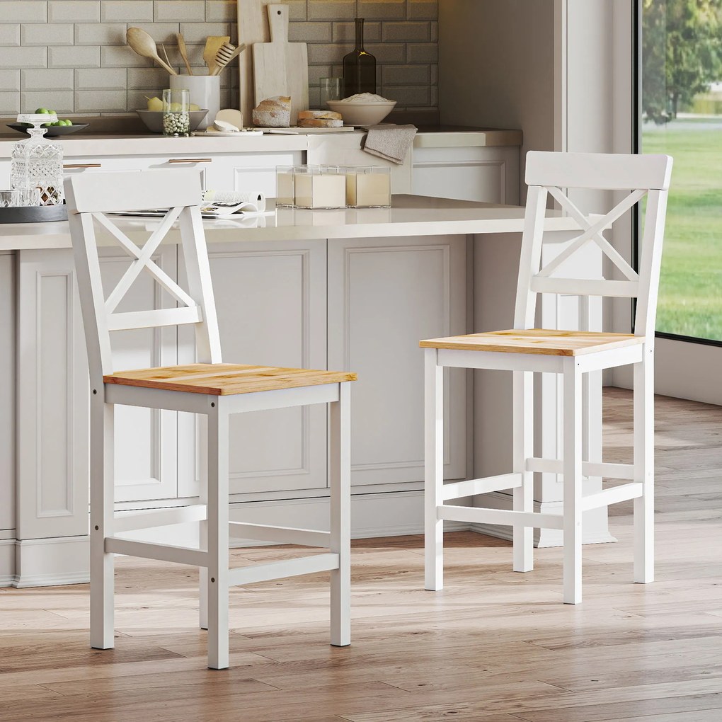 HOMCOM Set de 2 taburete de bar, scaune înalte stil rustic, spătar înalt și suport pentru picioare, 41x46x97,5cm, alb și lemn natural | Aosom Romania