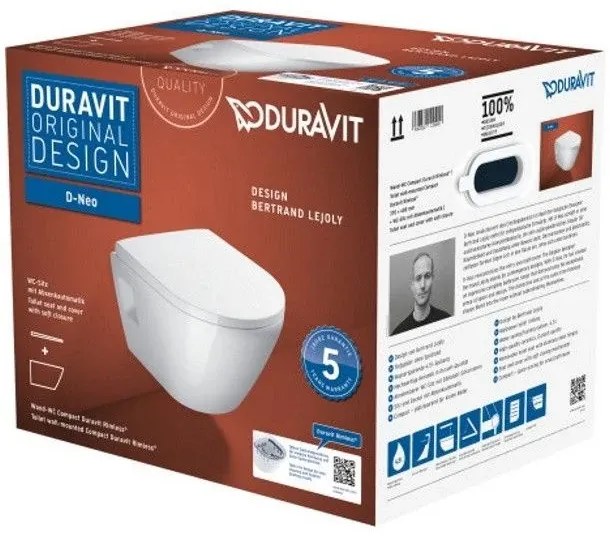 Set Vas WC suspendat cu capac soft close Duravit D-Neo Compact Rimless 36x48 cm evacuare orizontala