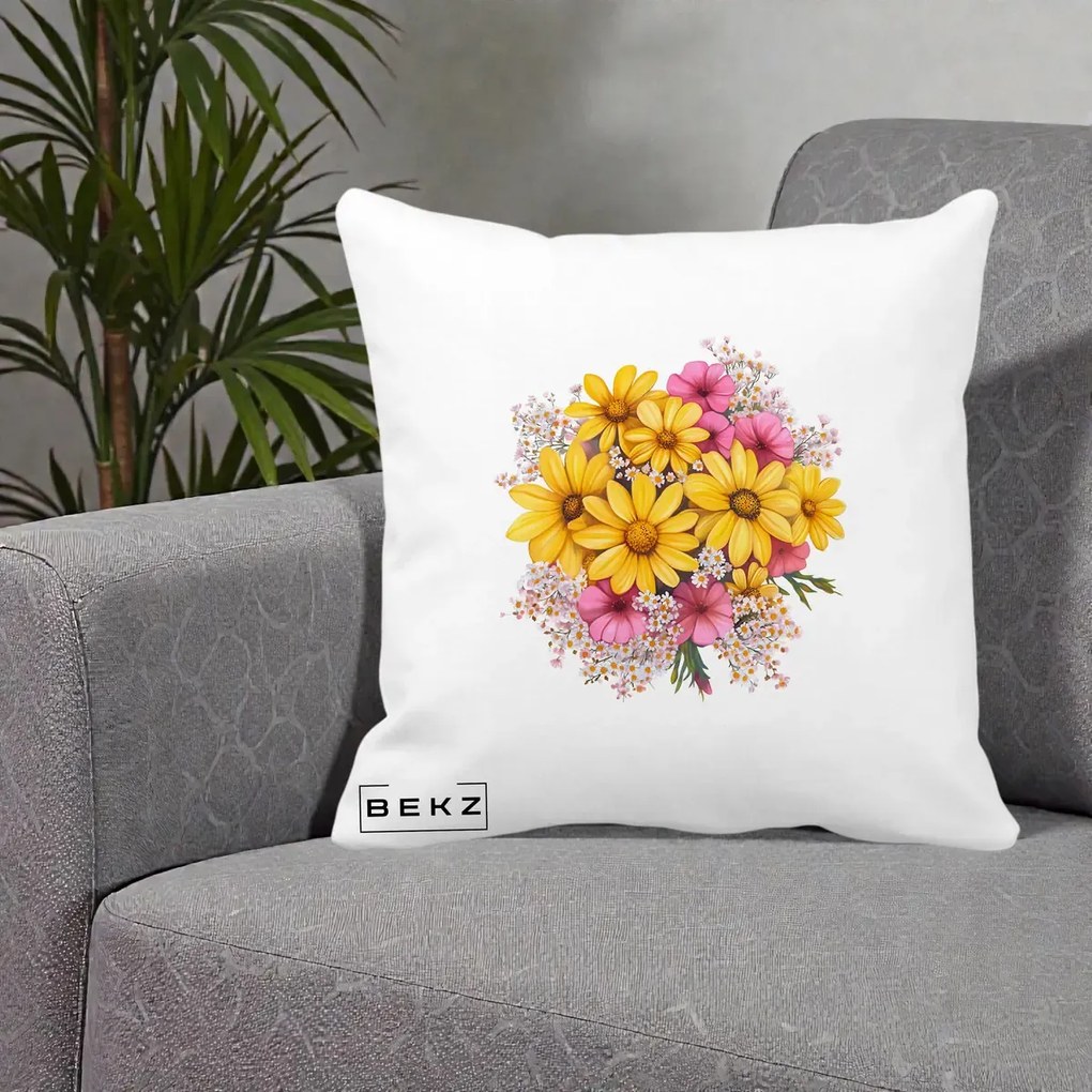 Perna Decorativa Floarea-Soarelui cu Cosmos Roz si Gypsophila, 40x40 cm, Alba Mata, Husa Detasabila, Perna Inclusa, BEKZ®
