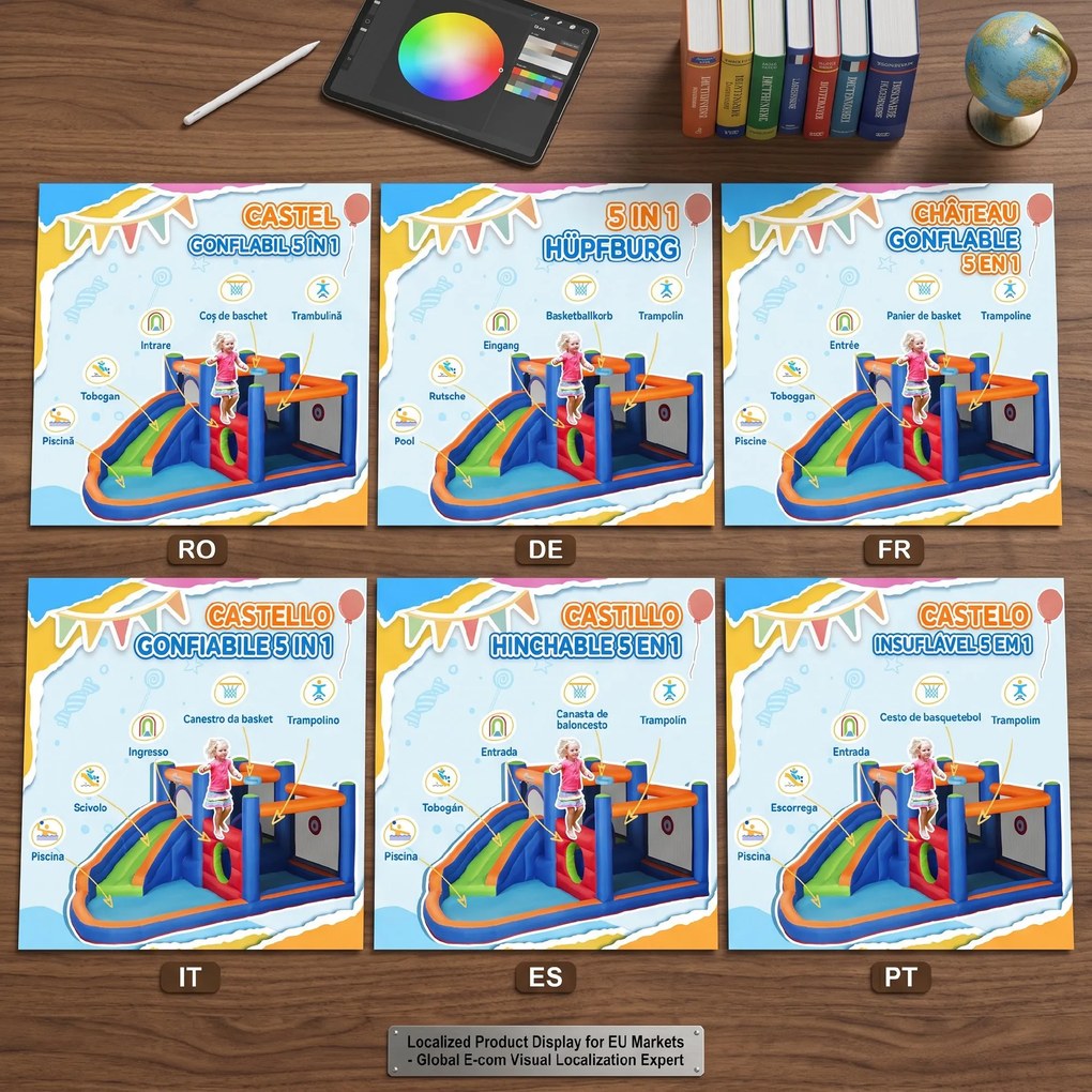 Outsunny 4 in 1 pentru copii Tobogan de apa Bounce House tobogan, trambulina, piscina, pentru copii de 3-8 ani