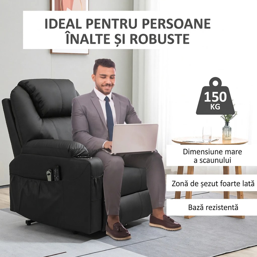 HOMCOM Scaun cu Ridicare Electrică, Masaj, Telecomandă și Buzunare Laterale pentru Vârstnici, din Piele PU, 88x92x106 cm, Negru | Aosom Romania