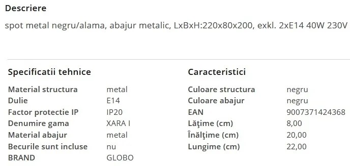 Aplica de perete / tavan cu 2 spoturi XARA I negru/alama