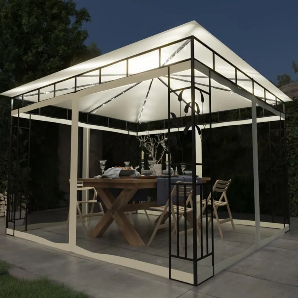 vidaXL Pavilion cu plasă anti-țânțari &amp; lumini LED crem 3x3x2,73m