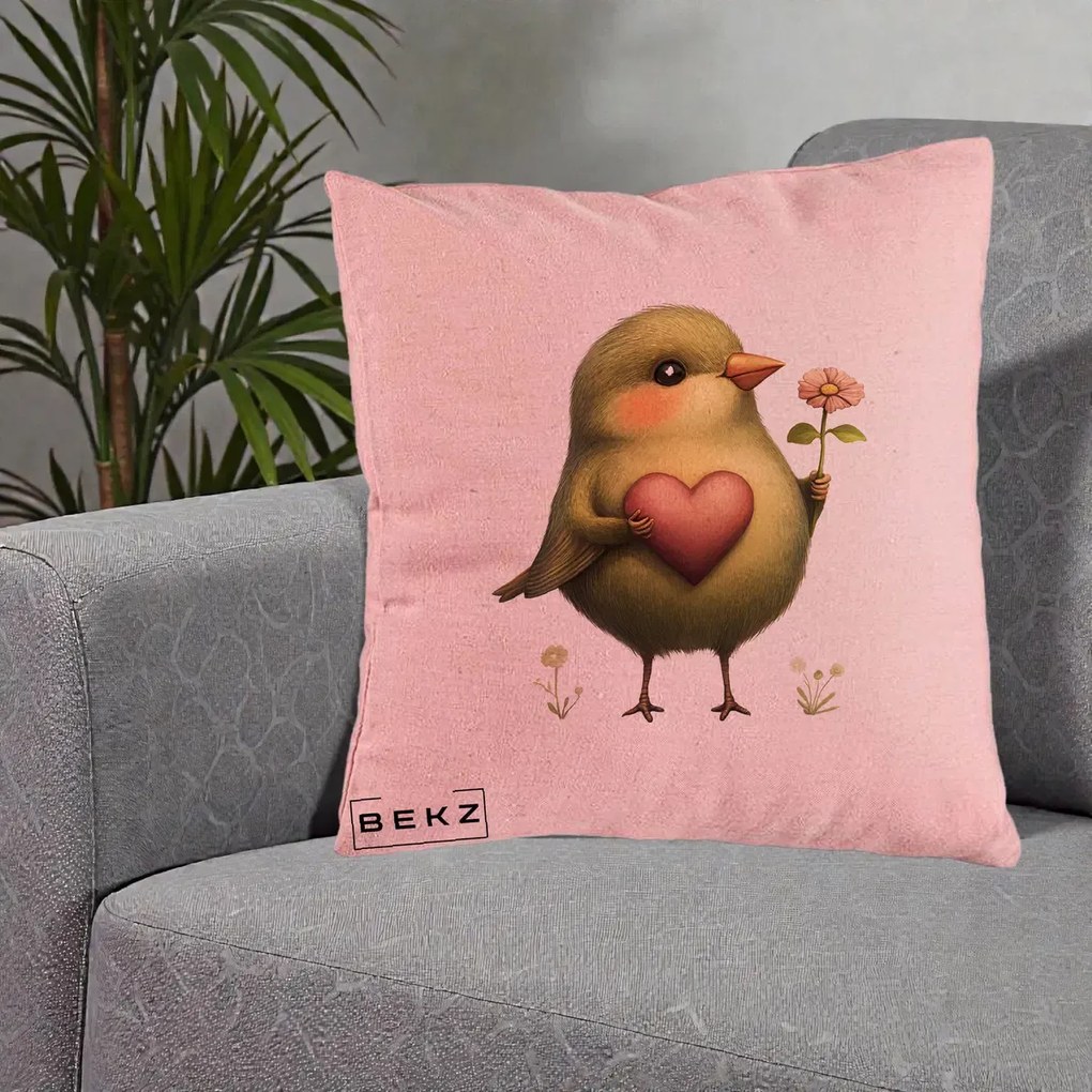 Perna Decorativa Pasare Verde cu Inima si Floare, 40x40 cm, Roz, Husa Detasabila, Perna Inclusa, BEKZ®