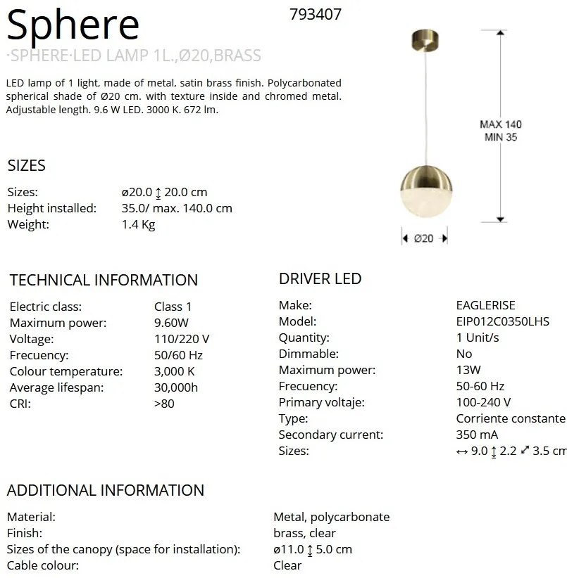 Pendul LED modern Sphere 20 alama satinata SV-793407