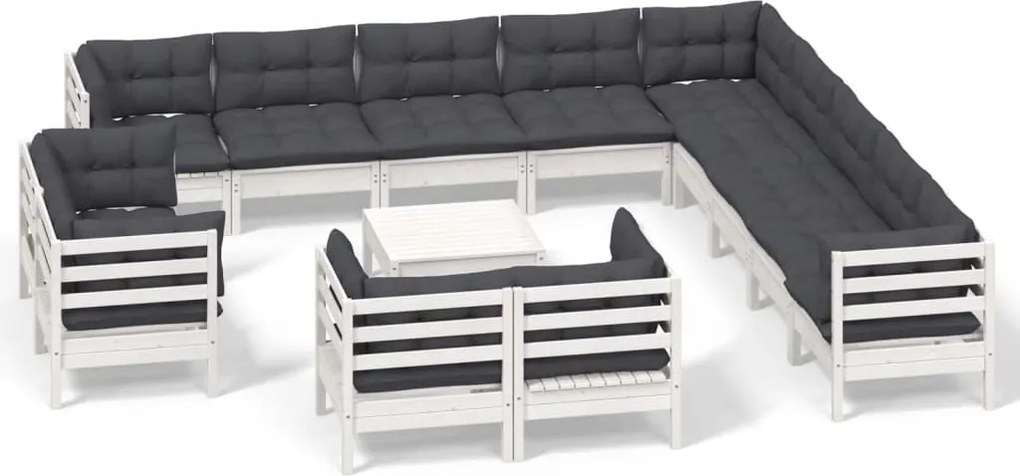 vidaXL Set mobilier grădină cu perne, 14 piese, alb, lemn masiv pin
