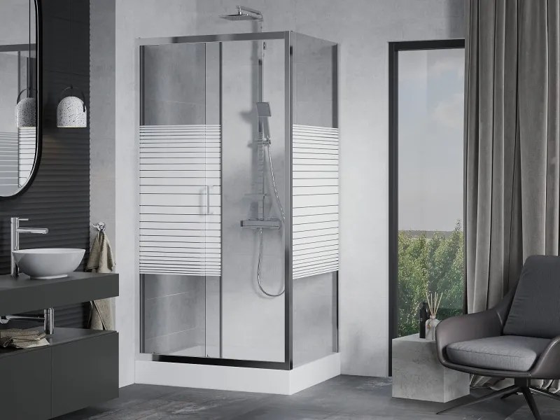 Mexen Apia cabina de duș glisantă 100 x 80 cm, dungi albe, crom + cadă de duș Rio - 840-100-080-01-20-4510