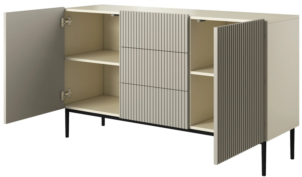 Comodă Nicole 150 cm cu sertare și front canelat - bej cashmir / picioare negre