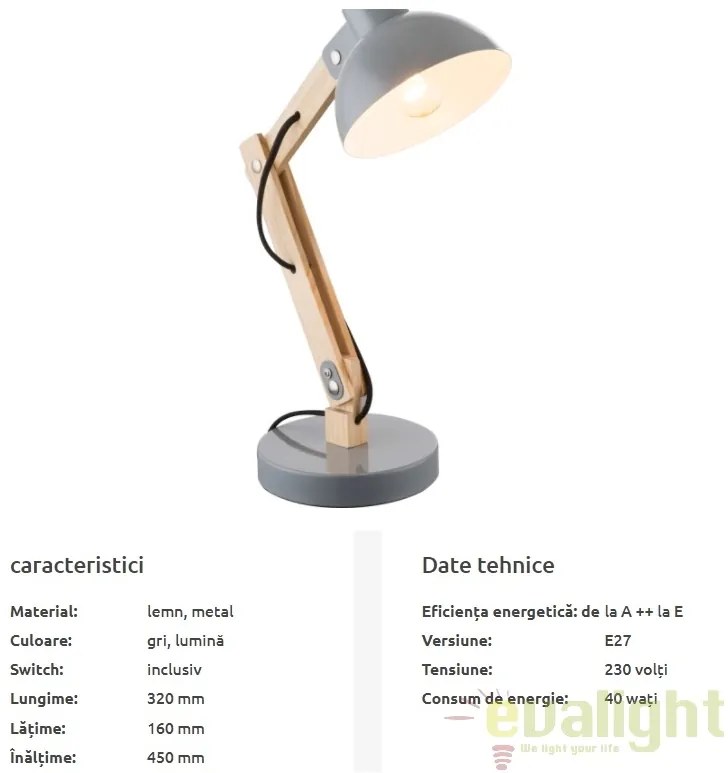 Veioza / Lampa de masa moderna Tongariro gri 21503 GL