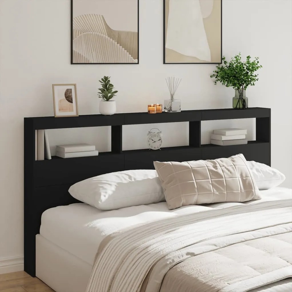 vidaXL Tăblie cu dulap și LED, negru, 200x17x102 cm