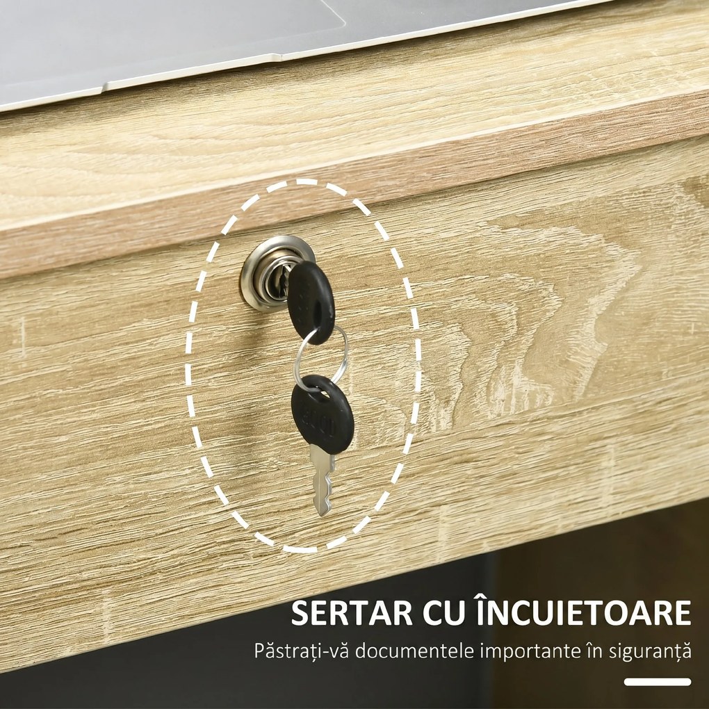 HOMCOM Birou Cameră sau Office Lemn cu 2 Sertare și 2 Chei, 110x50x76 cm, Stejar | Aosom Romania