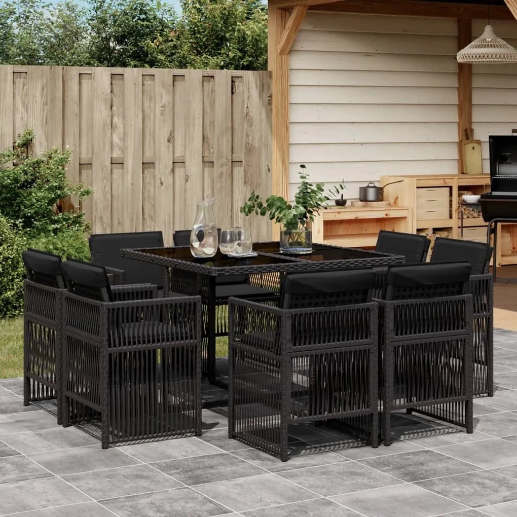 vidaXL Set mobilier de grădină cu perne, 9 piese, negru, poliratan
