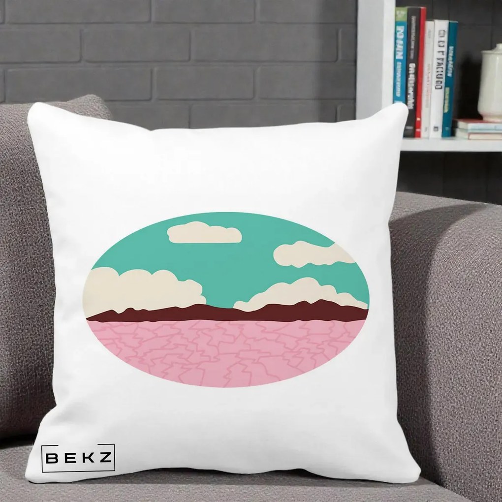 Perna Decorativa Peisaj Desert Oval Pastel, 40x40 cm, Alba Mata, Husa Detasabila, Perna Inclusa, BEKZ®