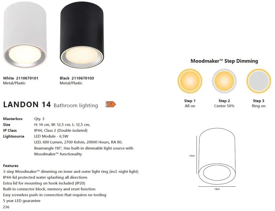 Plafoniera LED pentru baie design modern, 3-step MOODMAKER, IP44, LANDON 14 alb