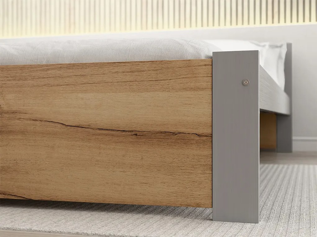 Pat de o persoana IKAROS 90 x 200 cm, stejar artisan/gri Saltele: Cu saltele Coco Maxi 20 cm, Somiera pat: Cu lamele drepte