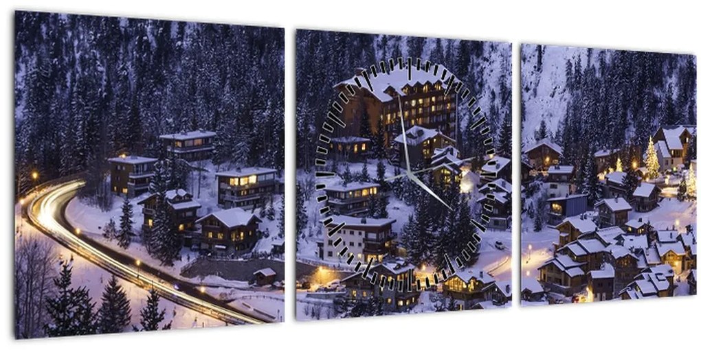 Tablou - orășelul montan iarna (cu ceas) (90x30 cm)