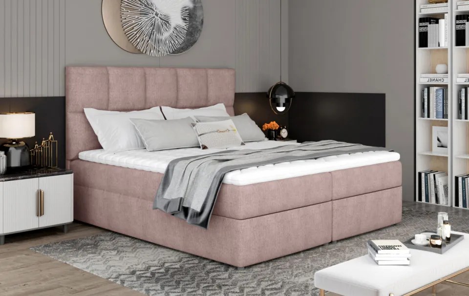 Pat boxspring, tapitat, cu spatiu pentru depozitare, 165x210 cm, Glossy, Eltap (Culoare: Soft 33 / Bej deschis)