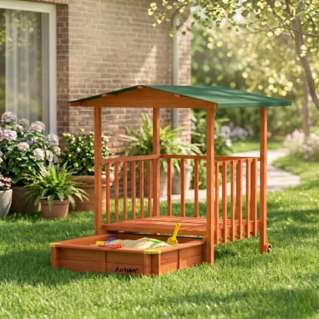 Groapa cu nisip cu verandă SUNNY, 130x130x143cm, maro/verde Jurhan