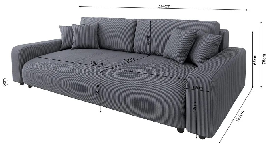 Canapea gri închis extensibilă, cu spațiu de depozitare, cu tapițerie din catifea reiată 234 cm Sara – Ropez