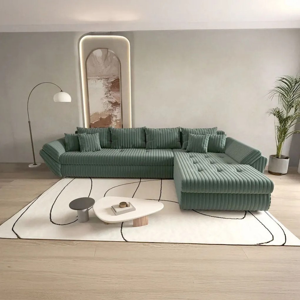 Colțar extensibil dumonde cu ladă de depozitare si sezut confortabil din spuma high-density, Loana XL Ambience Verde II 335x185 cm