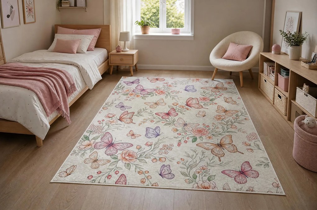 BAMBINO 61450 covor lavabil Fluturi pentru copii anti-alunecare - cremă / roz