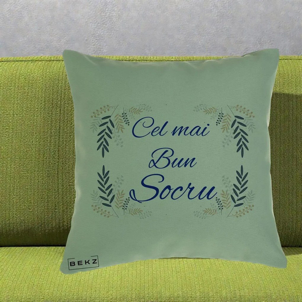 Cadou pentru Socru - Perna Personalizata Cel mai Bun Socru cu Ramuri Frunze Albastre si Aurii, 40x40 cm, Verde, Husa Detasabila, Perna Inclusa, BEKZ®