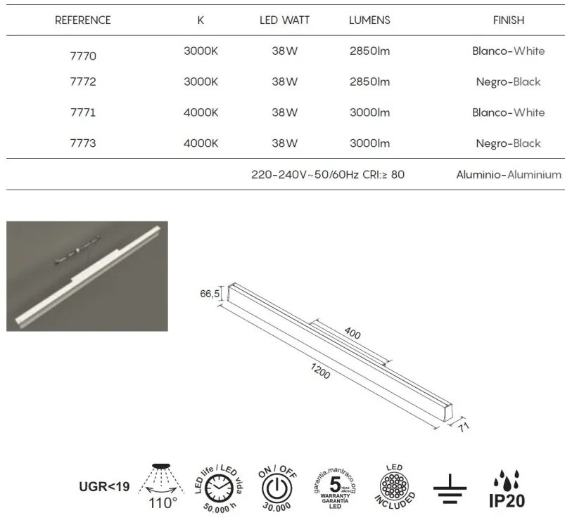 Aplica LED de perete ambientala HANOK 38W 4000K alba