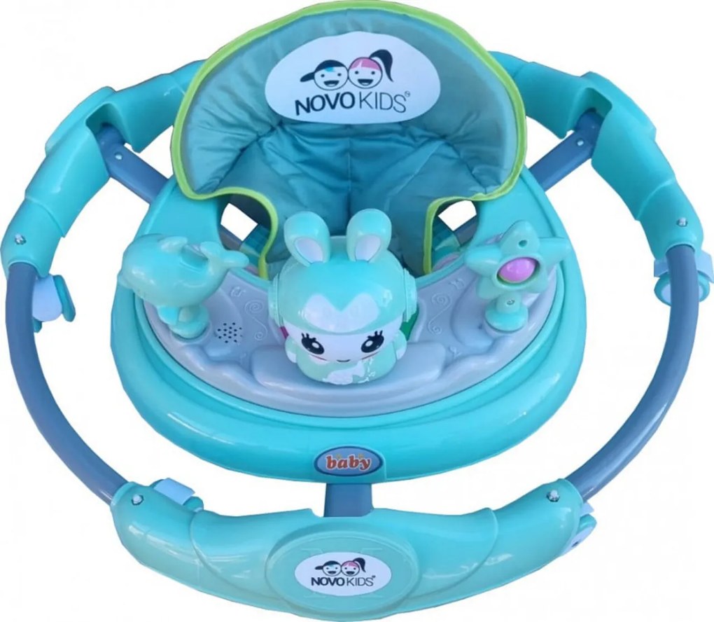 Premergator reglabil in 6 trepte de inaltime NOVOKIDS™ Happy Bunny, Cu melodii si lumini, Pliabil, Max 20 kg, Roti silentioase, Model Iepuras, Verde
