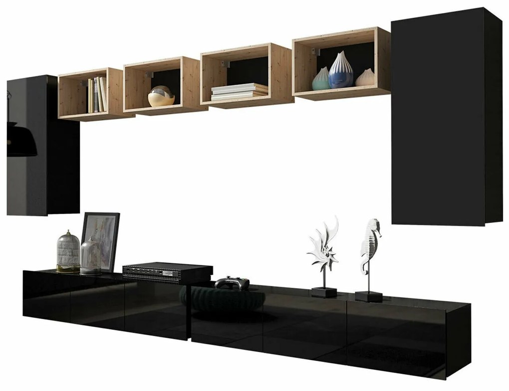 Camera de zi Providence B153Negru, Stejar Artisan, Negru lucios, Cu comodă tv, Cu componente suplimentare, Părți separate, PAL laminat, 300x43cm, 108 kg