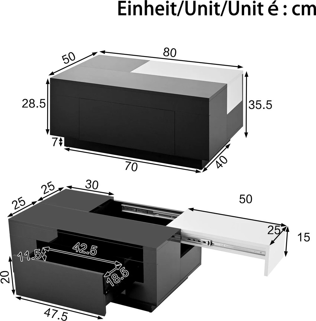 Masă de cafea cu iluminare LED, blat extensibil și spațiu de depozitare, 80x50x35,5 cm, Alb+Negru