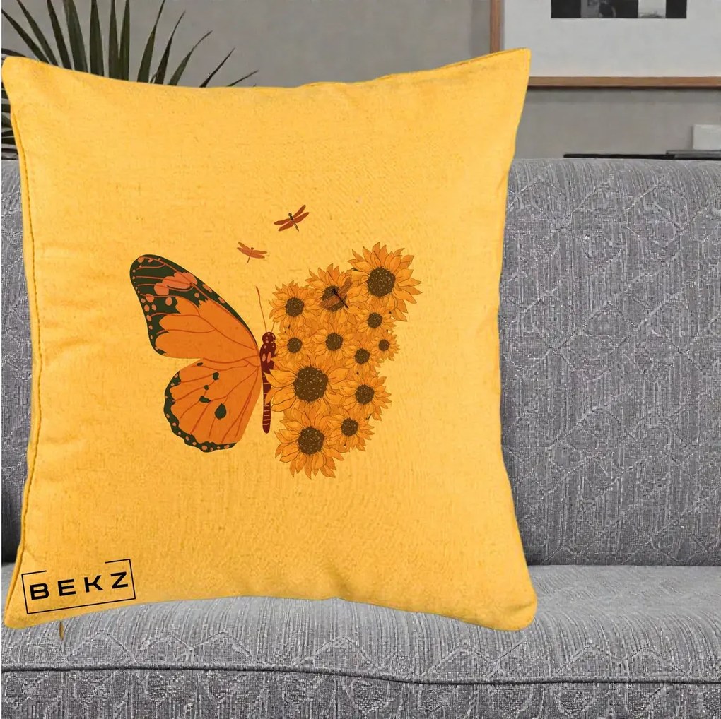 Perna Decorativa Fluture Floarea-Soarelui, 40x40 cm, Galben, Husa Detasabila, Perna Inclusa, BEKZ®