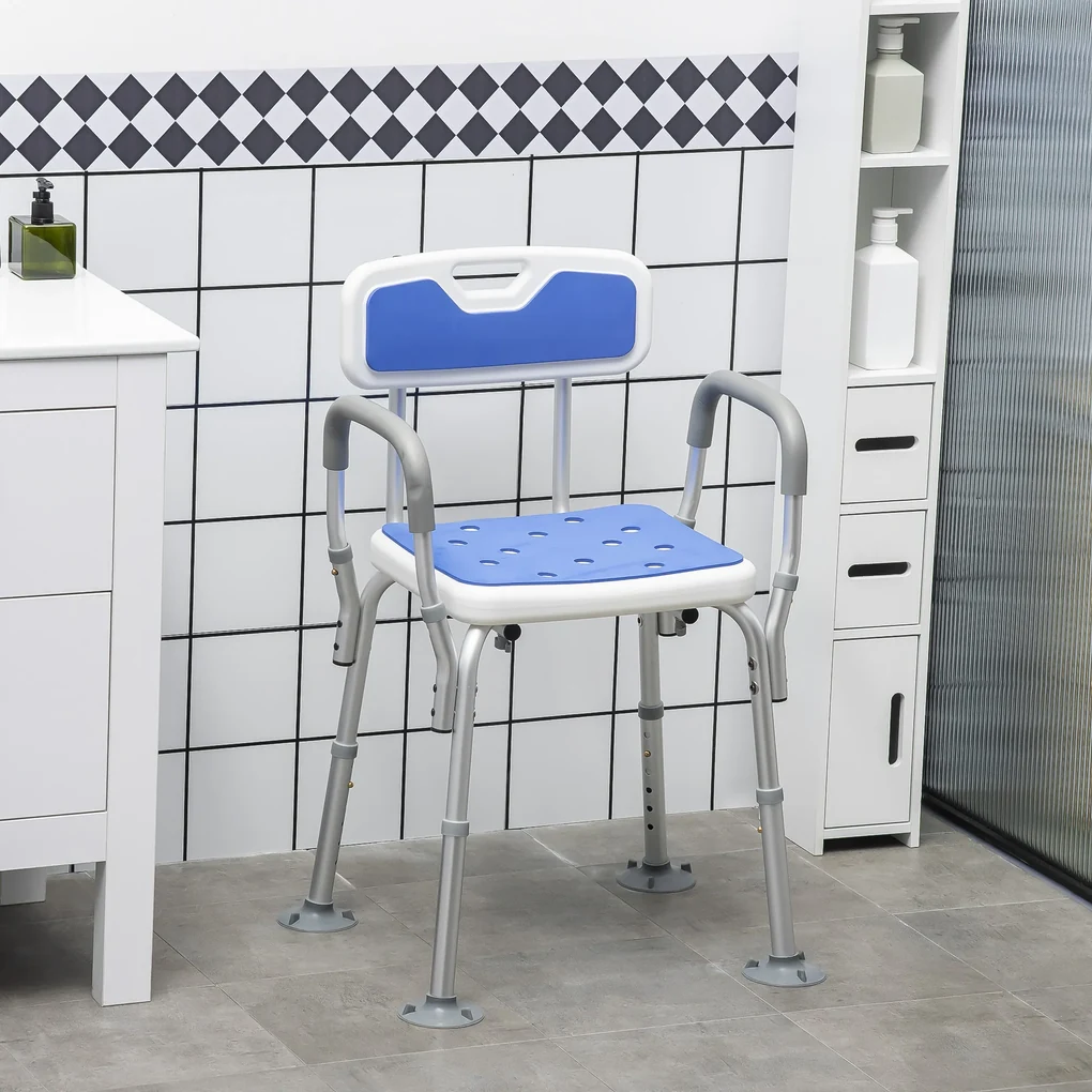 HOMCOM Scaun de Duș cu Căptușeală EVA și Înălțime Reglabilă, Cotiere, Picioare cu Ventuză și Aluminiu, 56,5x53,5x74-87 cm, Albastru | Aosom Romania