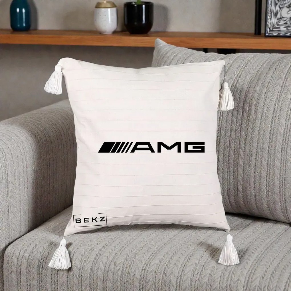 Perna Personalizata cu emblema Mercedes-AMG, 40x40 cm, Bej cu Franjuri, Husa Detasabila, Perna Inclusa, BEKZ®