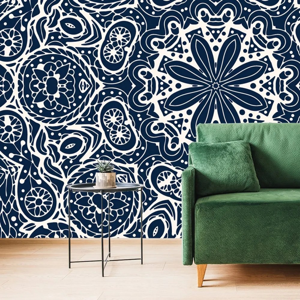Tapet Mandala albă pe fundal albastru