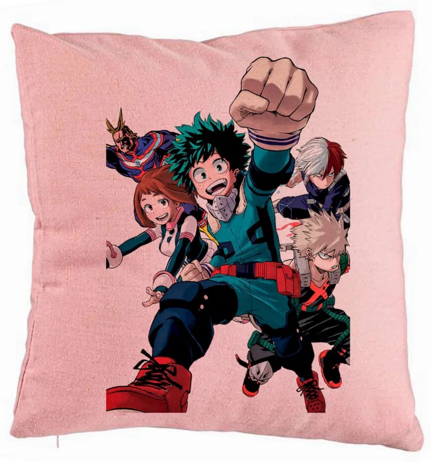 Perna Decorativa cu My Hero Academia Characters 2, 40x40 cm, Roz, Husa Detasabila, Burduf